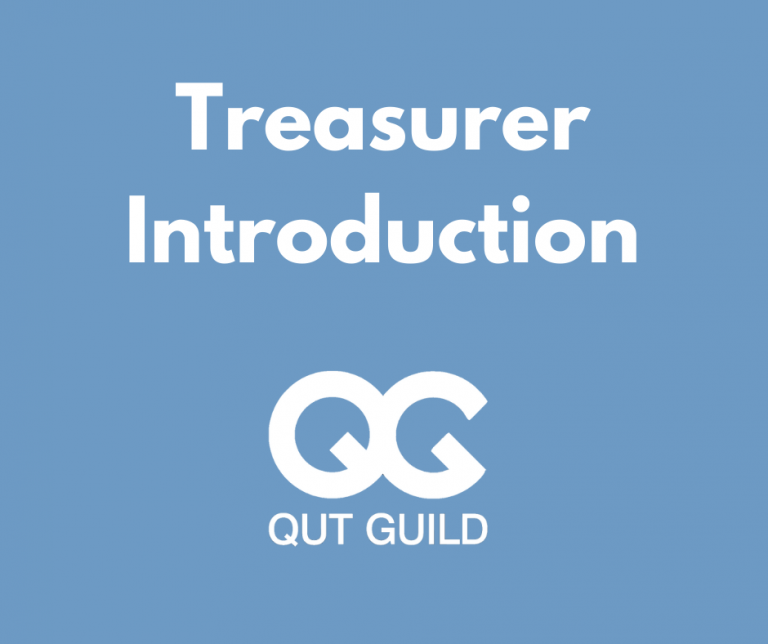 Blue background, white text: Treasurer Introduction QUT Guild QG logo