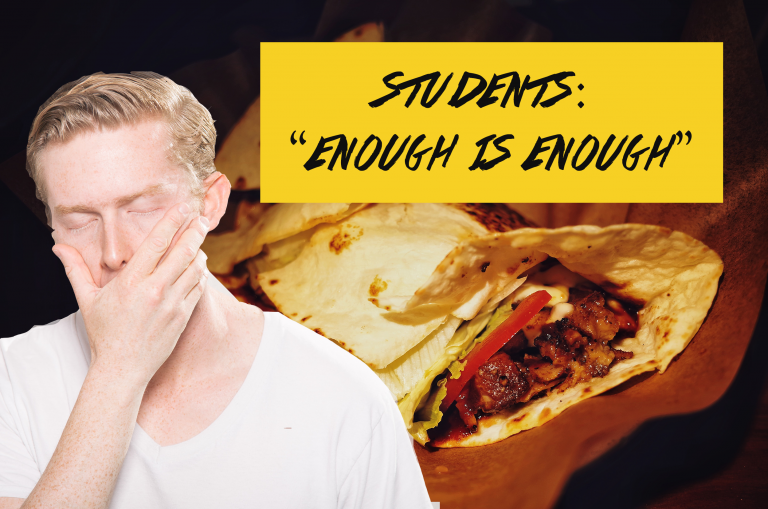 Distraught man in front of burrito. Text: "enough is enough"