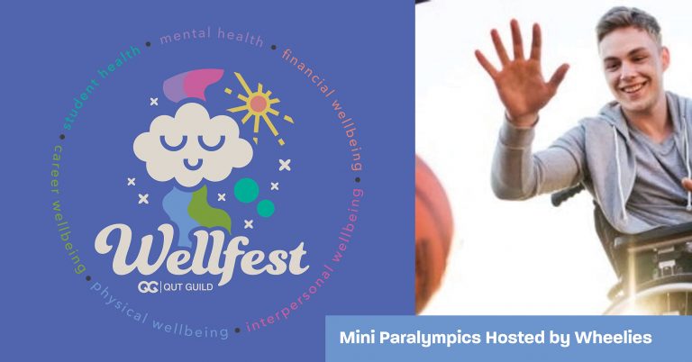Left: Wellfest logo. Right: A man in a wheelachair, arm outstretched, tries to grab a basketball.