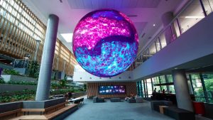 QUT Kelvin grove E Block interior, featuring the 'orb' in pink and blue.