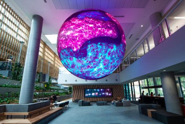 QUT Kelvin grove E Block interior, featuring the 'orb' in pink and blue.