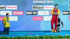 Mack Horton (far left) refuses to share the podium with Sun yang (far right) at the 2019 FINA world championships.