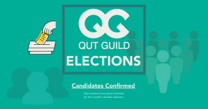 The QUT Student Guild Logo, accompanied by text reading: Elections. Candidates confirmed. Nominations have been finalised for this month's student election.