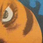 A photo of a person's face, focusing on their eye. The image has been coloured - the face is orange and the background is blue, with the white of the eye standing out.