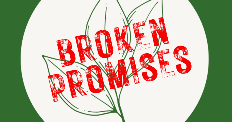 The Grow logo, three line drawings of leaves on a cream background. With text reading "Broken Promises" overlaying it.