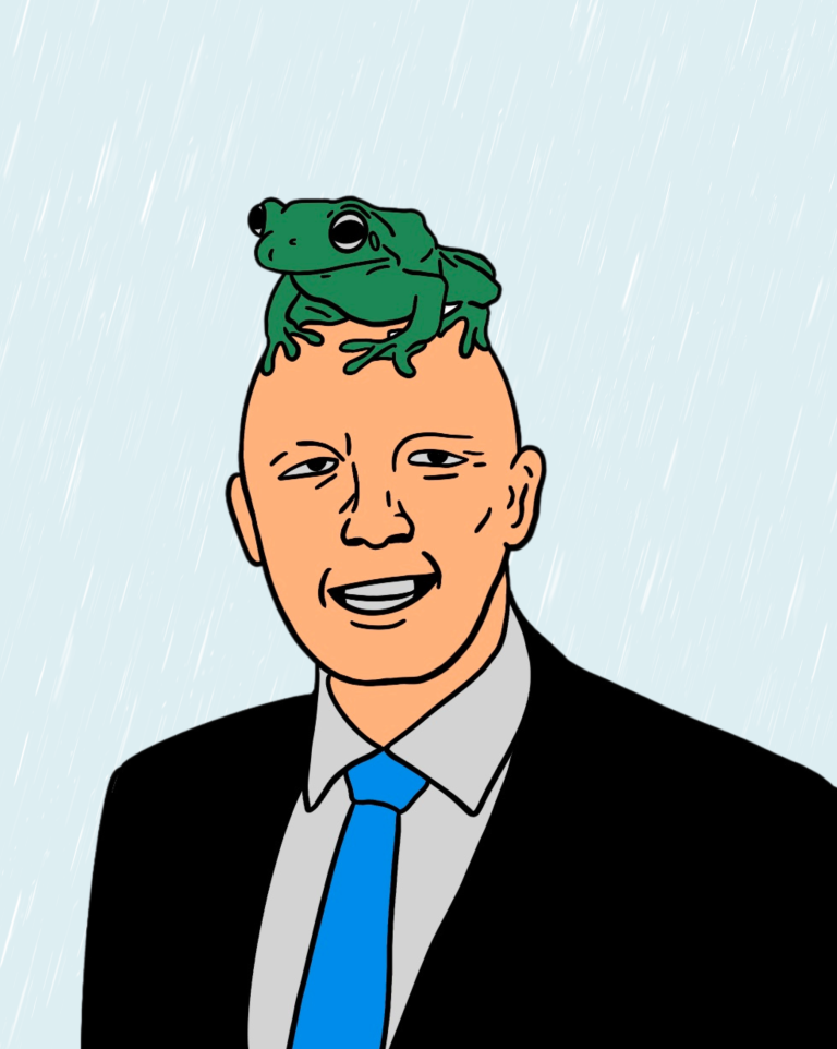 Peter Dutton with a green frog on his head, rain falling around him.